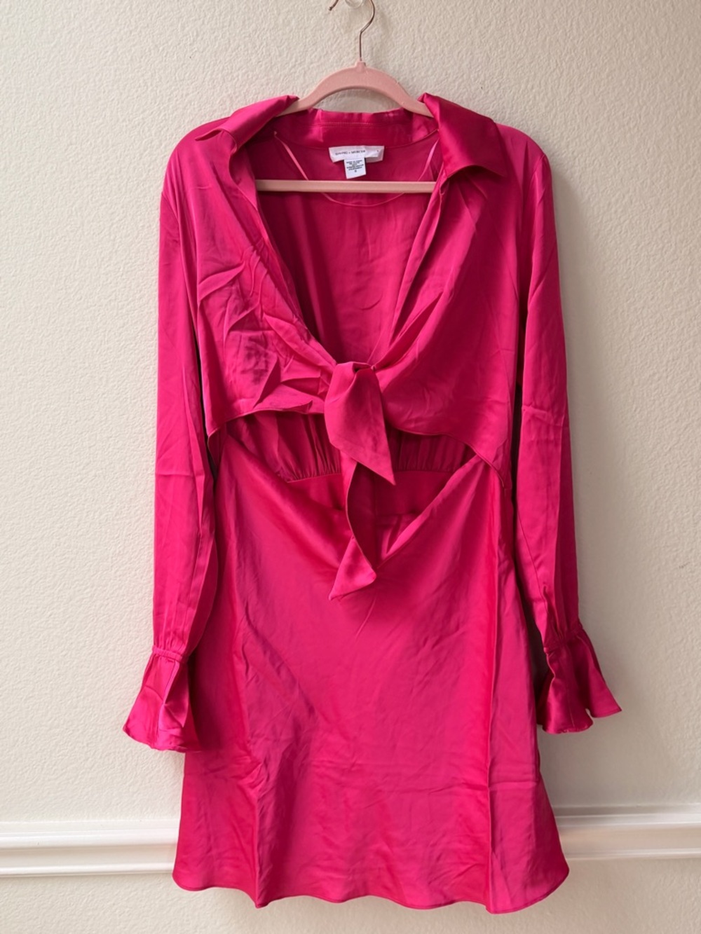 Spring + Mercer Hot Pink Satin Mini Dress Tie Front Party Brunch Barbiecore S